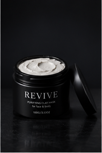 REVIVE Purifying Clay Mask – open jar with water droplets