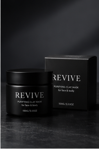 REVIVE Purifying Clay Mask – product box with water droplets