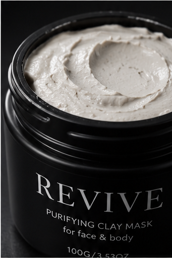 REVIVE Purifying Clay Mask – jar and box together on stone